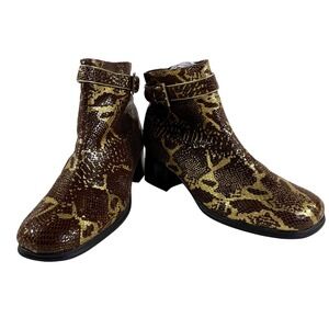 AJ Valenci Womens Brown Gold Snakeskin Embossed Ankle Boots Block Heel Size 7W